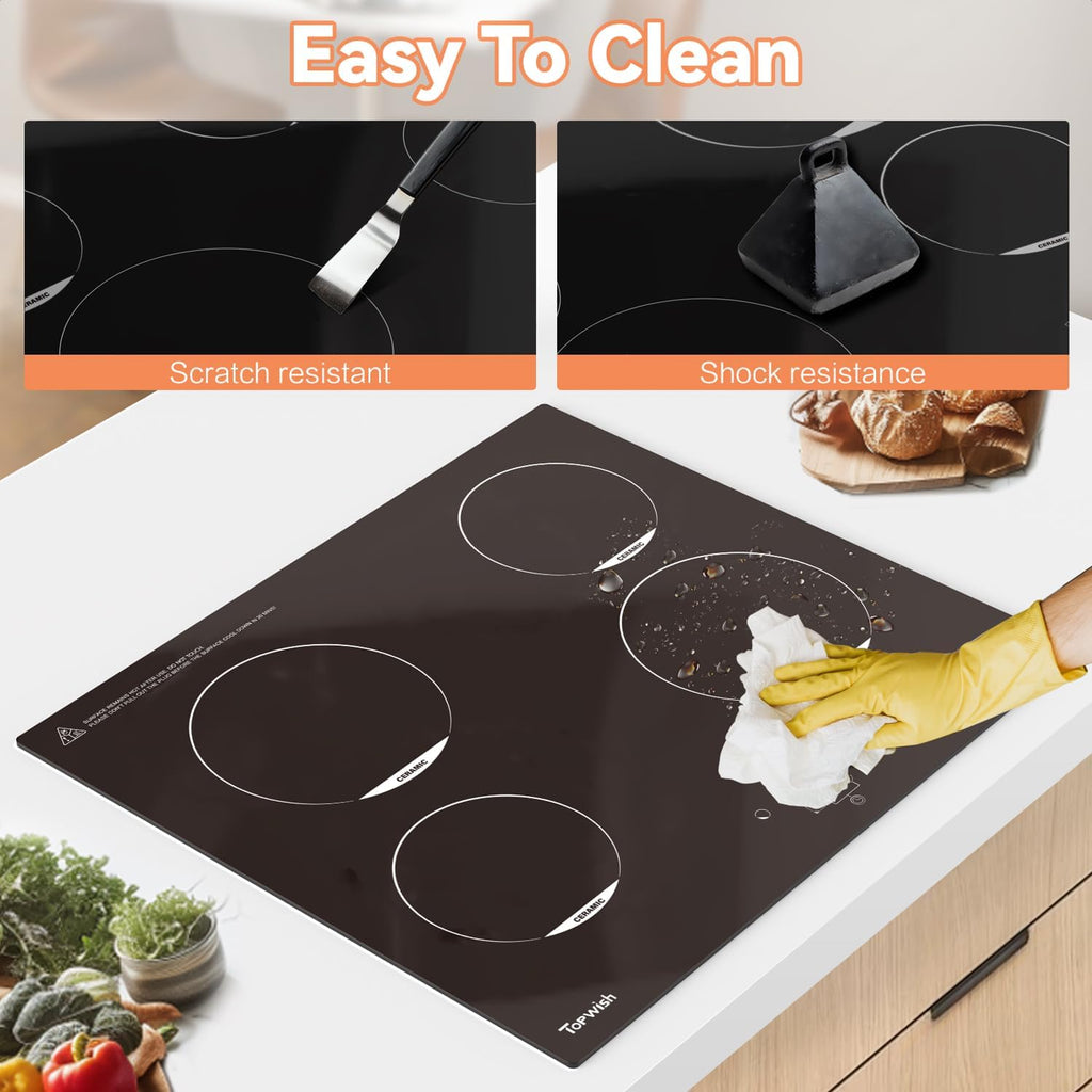 TOPWISH Plaque de cuisson vitrocéramique 4 foyers, Table de cuisson électrique encastrable, Commande tactile, Verrouillage sécurité enfant, Protection contre la surchauffe
