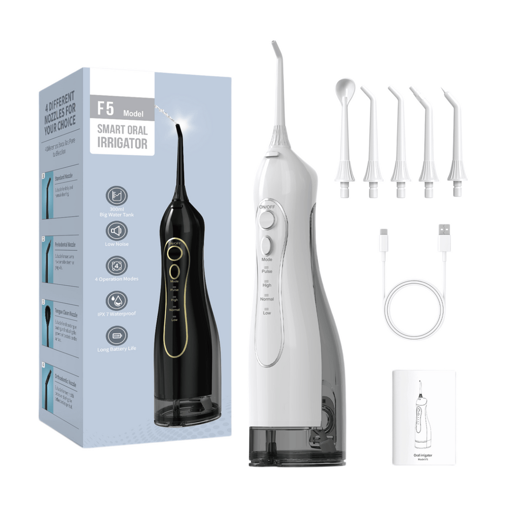 Sunluxy Hydropulseur dentaire sans fil portable – Pression d'eau puissante 140 PSI, 5 Modes, Buse rotative à 360°, Grand réservoir d'eau 300 ml, Autonomie longue durée 40 jours