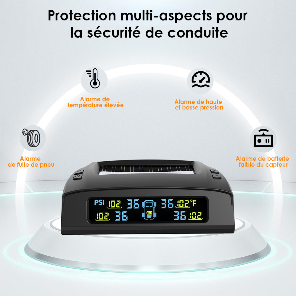 Tymate Système de surveillance de la pression des pneus pour camping-car, Moniteur solaire de pression des pneus avec 4 capteurs, 0 à 87 PSI, 6 modes d’alarme, Répéteur