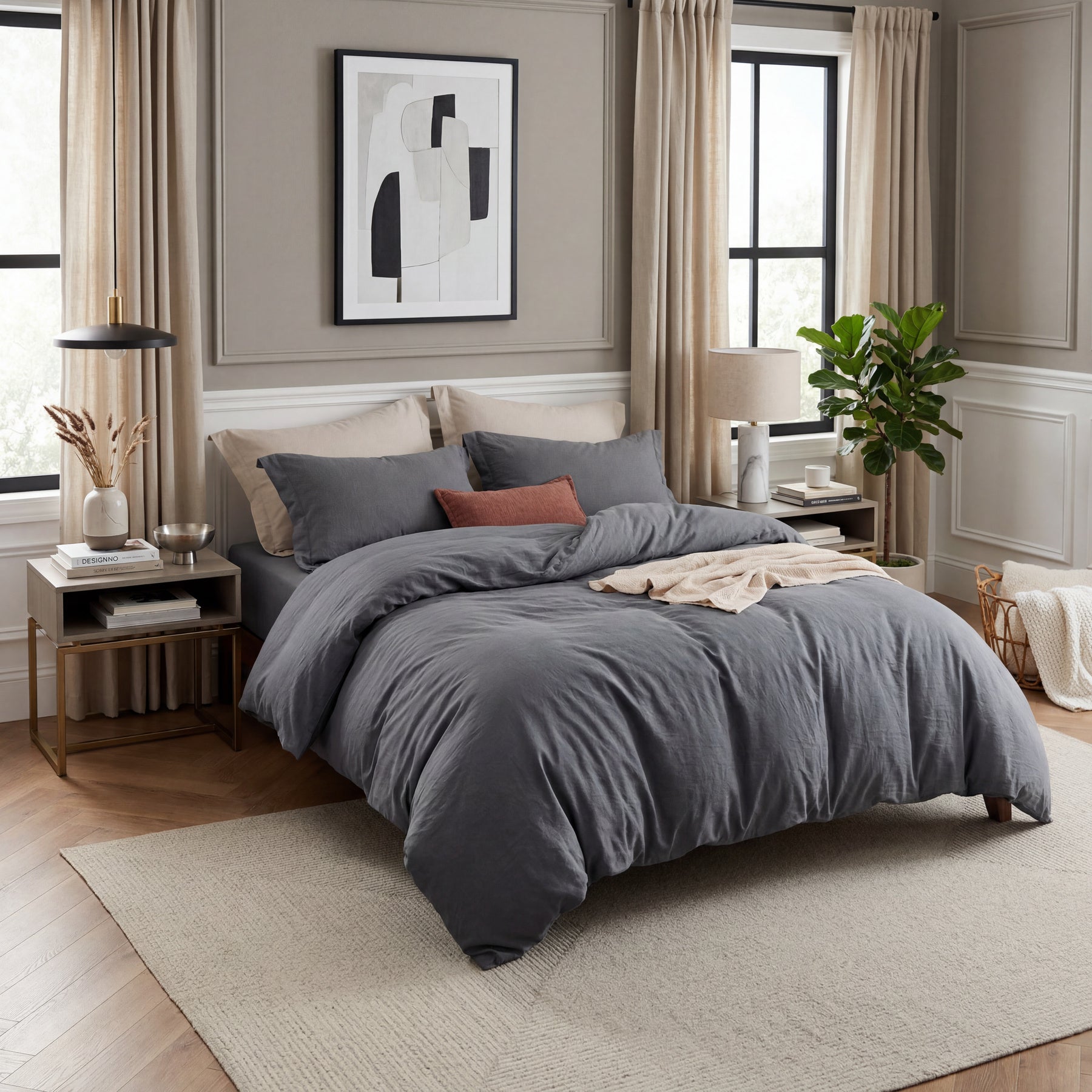 Linge de lit 135 x 200 cm, 4 pièces, anthracite, doux, certifié OEKO-TEX, 90 % polyester, microfibre, ensemble de linge de lit