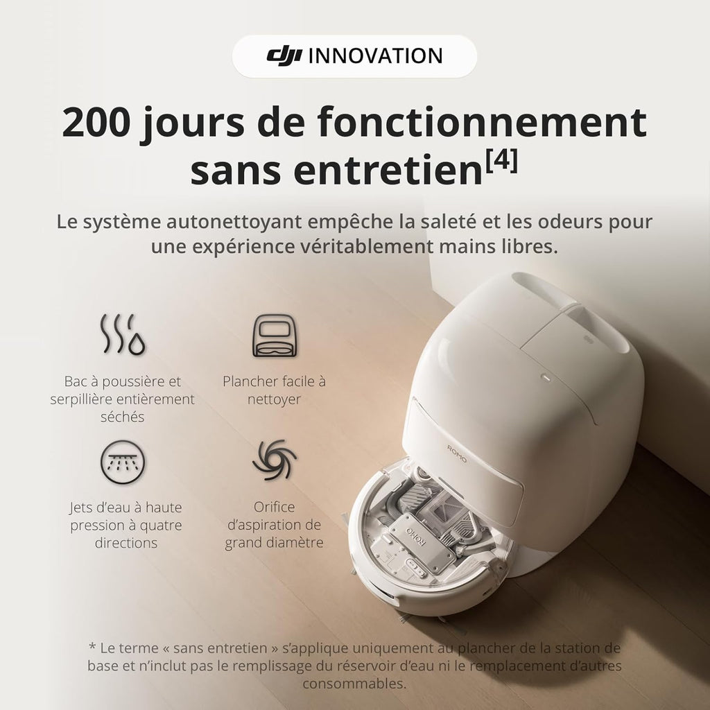 DJI ROMO S Aspirateur Robot Laveur avec Aspiration de 25 000 Pa, Détection de Niveau Drone, Deux Bras Robotiques, Fonctionnement sans Entretien de 200 Jours