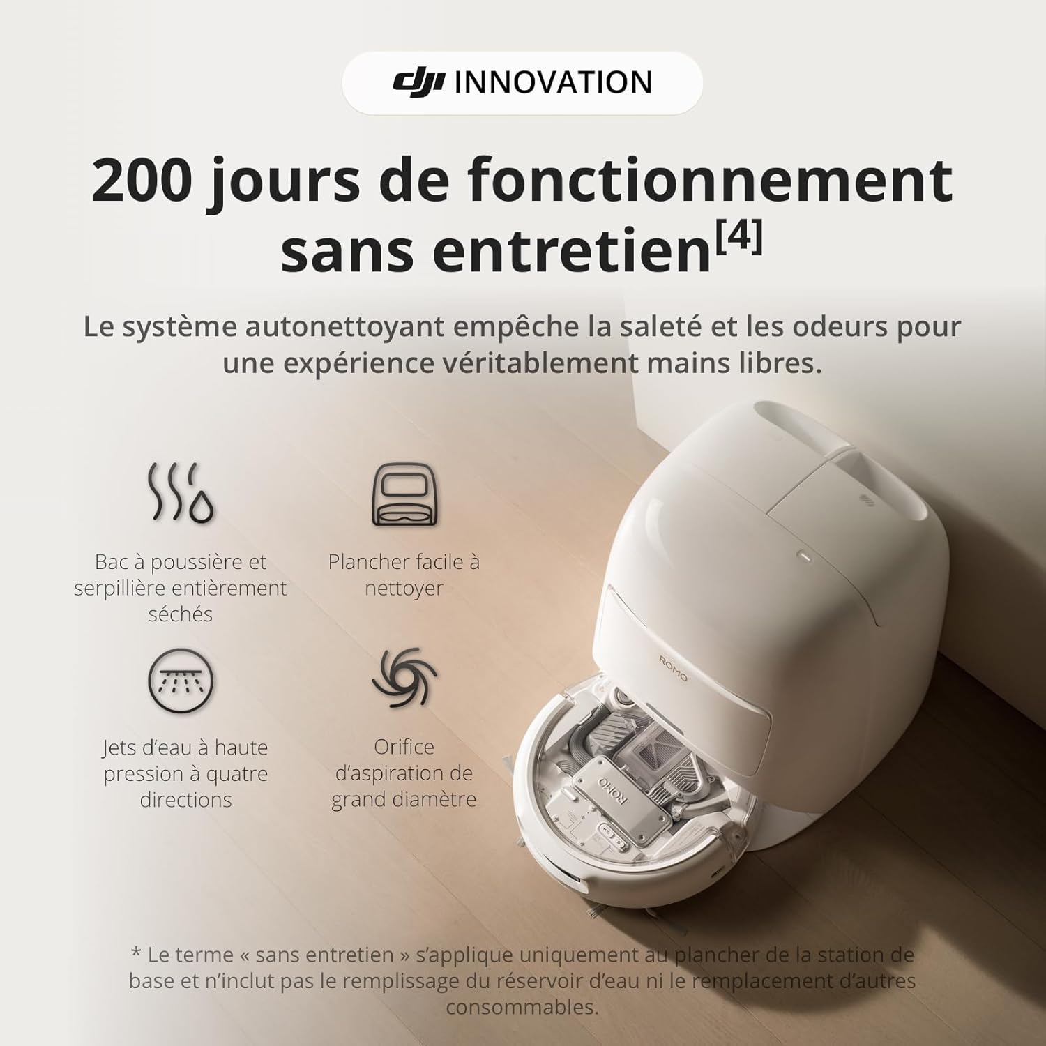DJI ROMO S Aspirateur Robot Laveur avec Aspiration de 25 000 Pa, Détection de Niveau Drone, Deux Bras Robotiques, Fonctionnement sans Entretien de 200 Jours