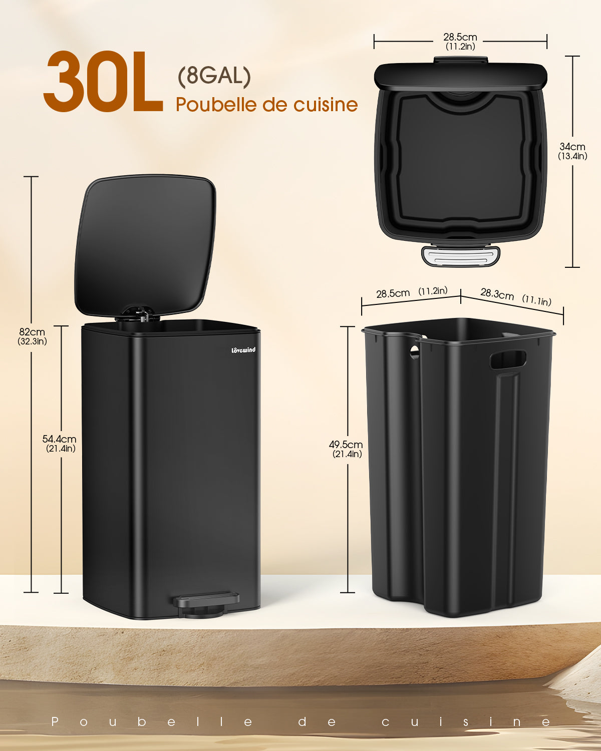 Lovewind Poubelle de cuisine avec couvercle, 8 gallons/30 L poubelle à pédale pour cuisine chambre bureau à domicile, Poubelle de 30 litres bac à déchets en acier inoxydable brossé avec couvercle à fermeture douce, noir