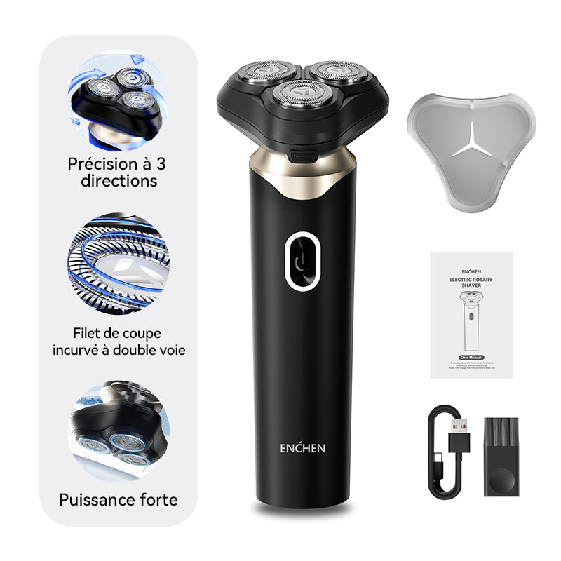 Rasoir électrique rotatif ENCHEN BlackStone 6 pour hommes, avec lames flottantes 3D et rechargeable via USB Type-C, 1 pièce.