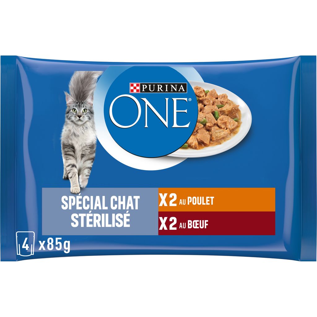 Purina One Aliment humide pour chat stérilisé au poulet et au bœuf - 4 x 85 g