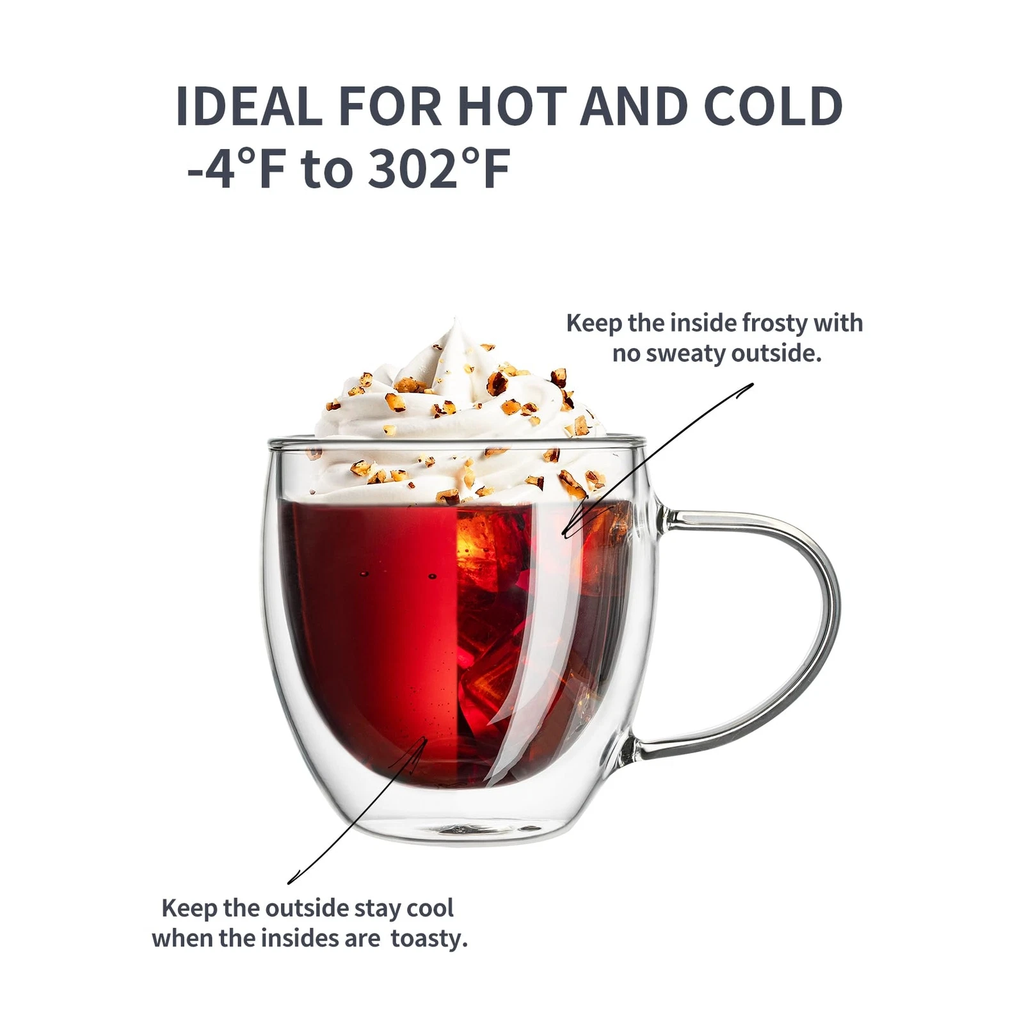 Lot de 2 Tasses à Café en Verre Double Paroi avec Anse, 250ml Verre Transparent Isotherme pour Boissons Chaudes et Froides, Latte, Cappuccino