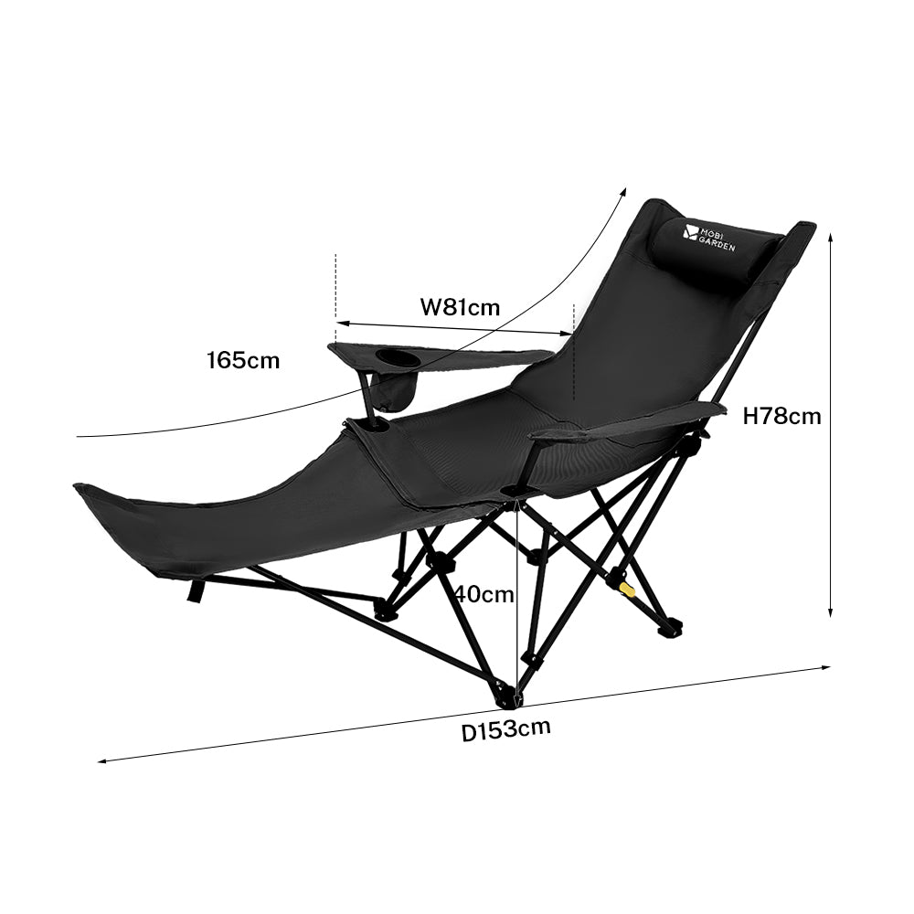 Mobi Garden, Chaise pliante inclinable confortable pour l'extérieur et la maison, Noir, Réglable à plusieurs angles, Assise large de 56 cm, Capacité de charge élevée, Durable et résistante à l'usure
