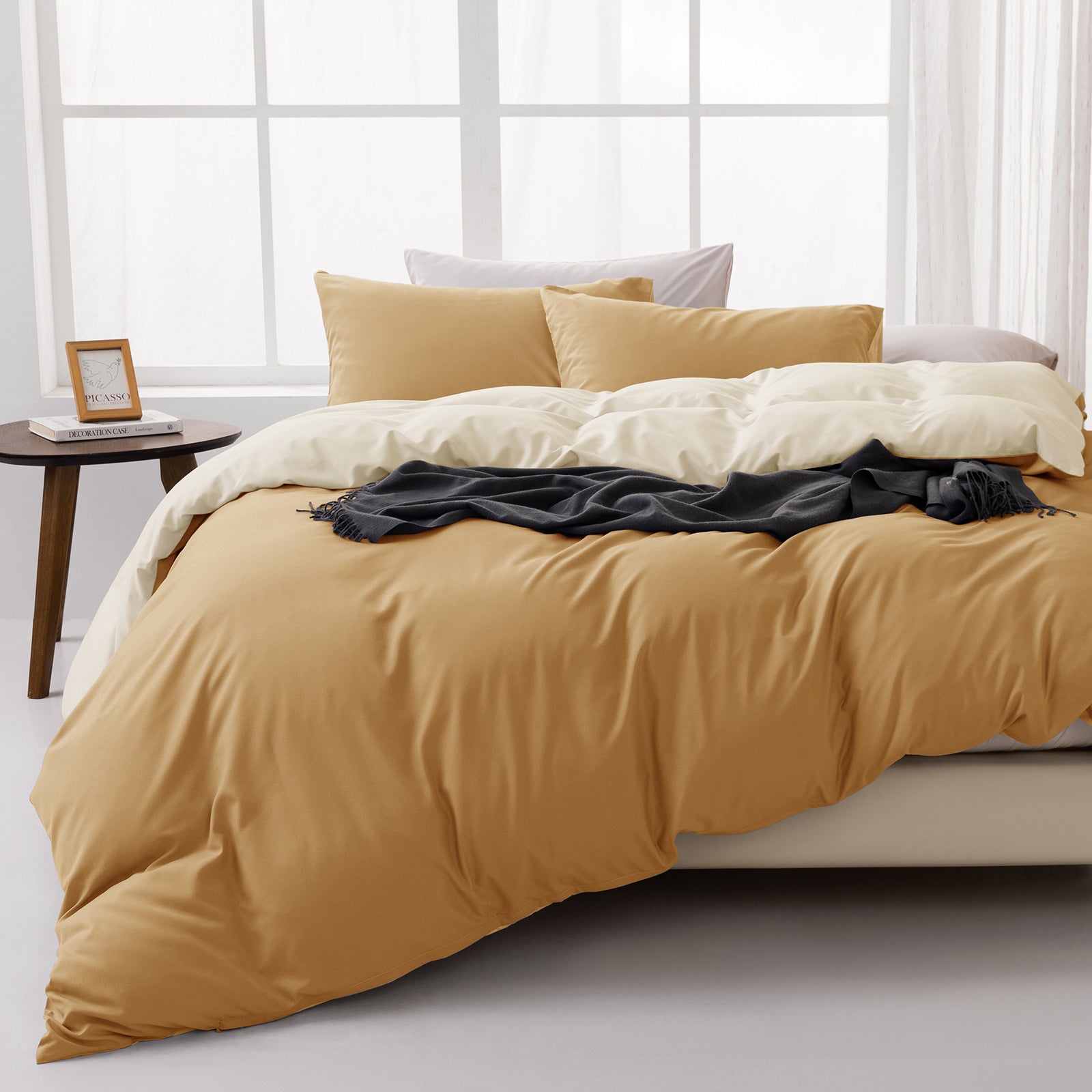 MENDALE Parure de couette - Parure de lit premium - Housse de couette 200*220 cm avec taie d'oreiller 80*80 cm - Microfibre douce brossée - Brun & jaune
