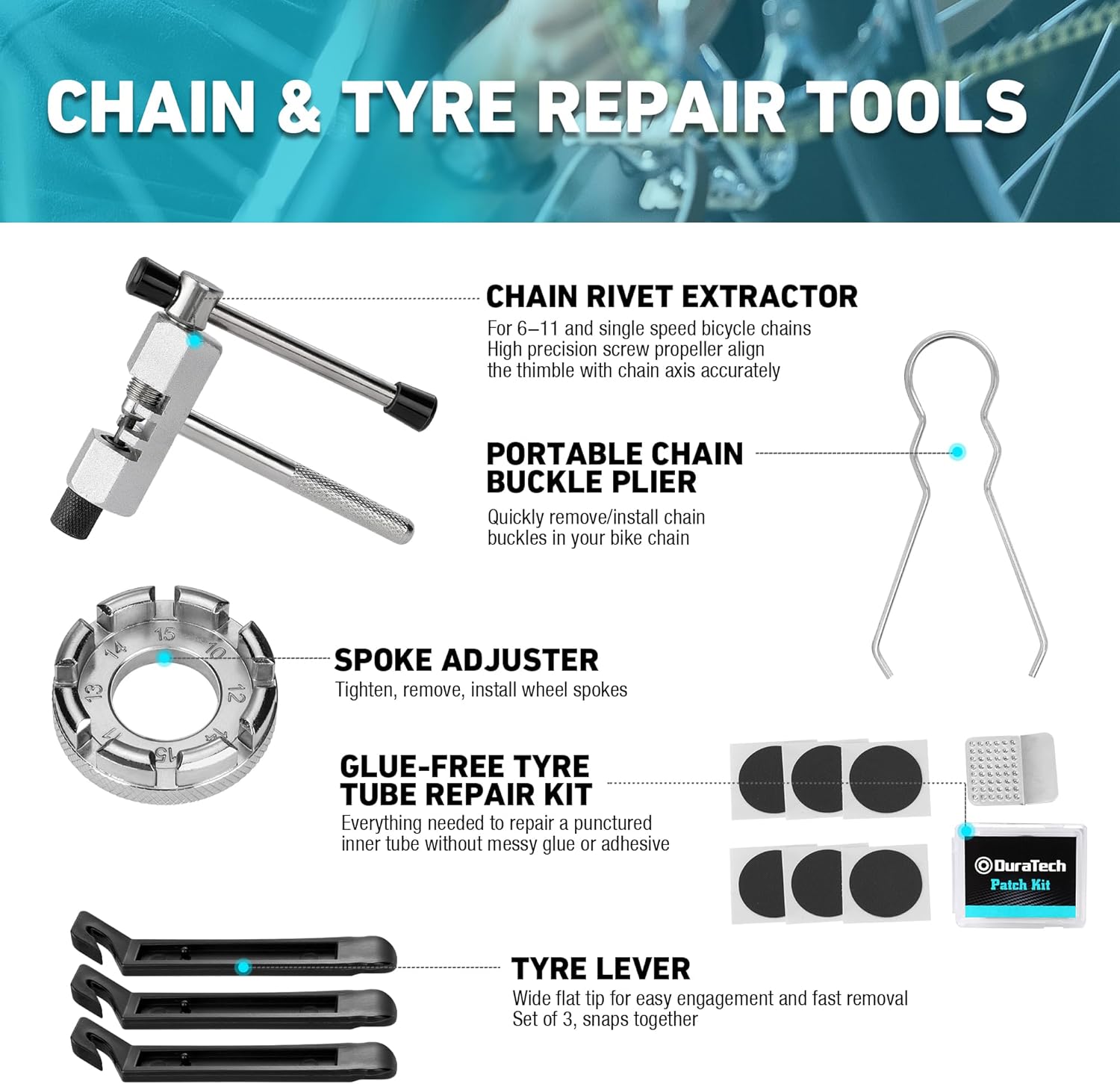 Kit de réparation de vélo 31 pièces avec mallette de rangement, kit d'entretien de vélo, outils de réparation de pneus et de chaîne, boîte à outils portable
