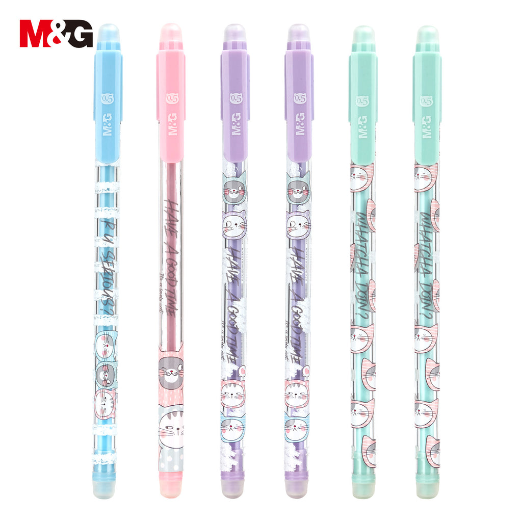 M&G Tellement de chats Stylos gel effaçables, Lot de 6, Encre noire, Pointe fine 0,5 mm, Motif chat mignon, Stylos à écriture fluide avec prise confortable et capuchon pour école, bureau et agenda
