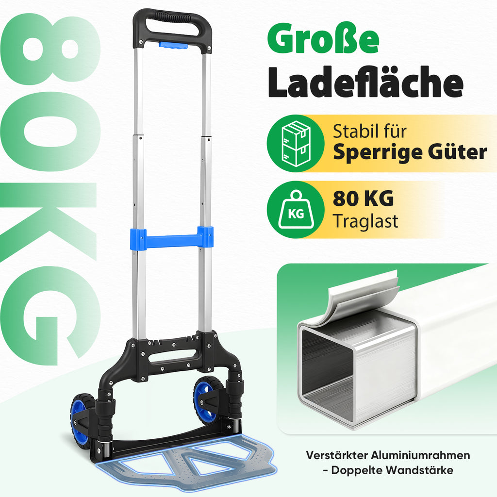 Diable chariot de transport pliable en aluminium, charge 80 kg, hauteur réglable sur 3 niveaux, pliage rapide, poids net 3,5 kg, roues TPR à double roulement, frein et poignée ergonomique