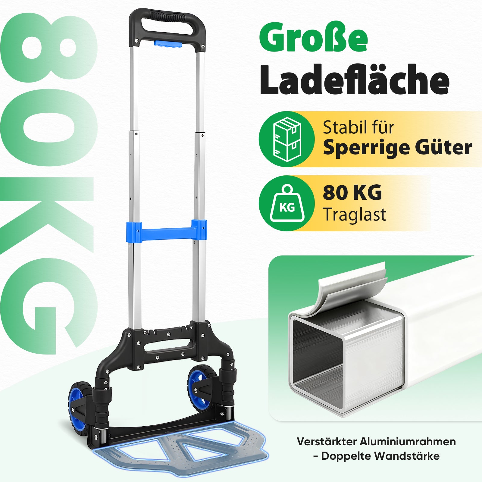 Diable chariot de transport pliable en aluminium, charge 80 kg, hauteur réglable sur 3 niveaux, pliage rapide, poids net 3,5 kg, roues TPR à double roulement, frein et poignée ergonomique