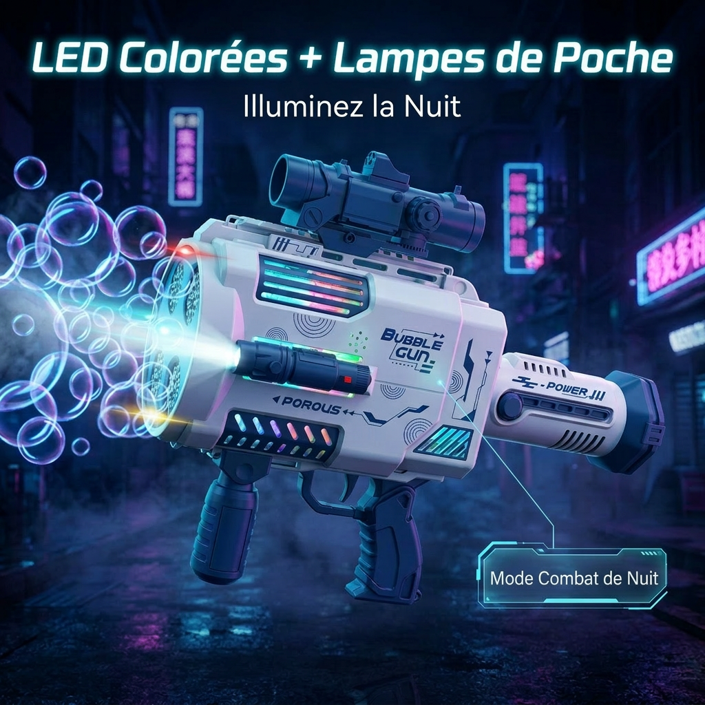 Pistolet à bulles automatique Tokky à 48 trous avec lumières LED, Machine à bulles rechargeable, Conception anti-fuite, Plus d'un million de bulles par minute
