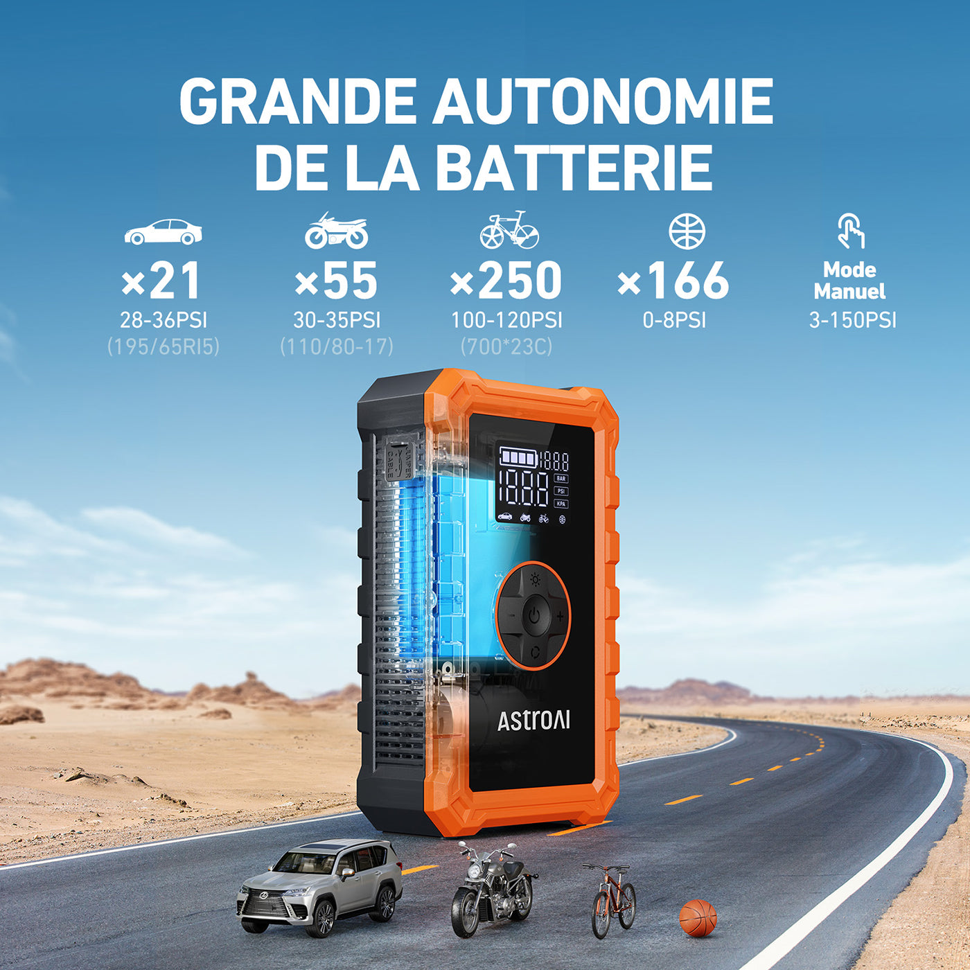 ASTROAI S8 Air Jump Starter avec compresseur d’air, démarrer de voiture portable 1500 A (6,0 L essence/3,0 L diesel), gonfleur de pneu sans fil 150 psi avec arrêt automatique