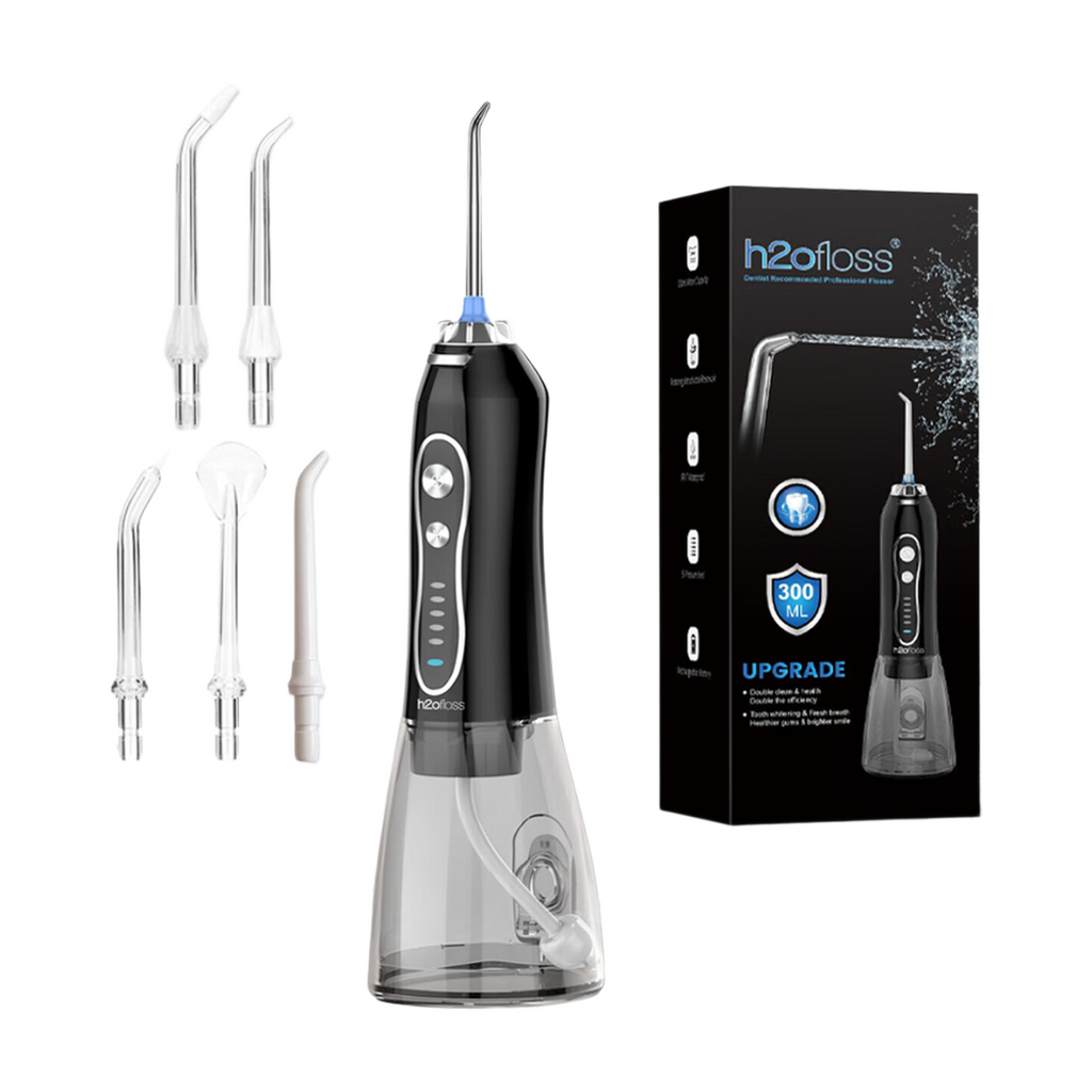 h2ofloss Hydropulseur dentaire portable, batterie 2500 mAh, 140 psi, 5 canules, étanche IPX7, 5 modes, rechargeable par USB - Noir