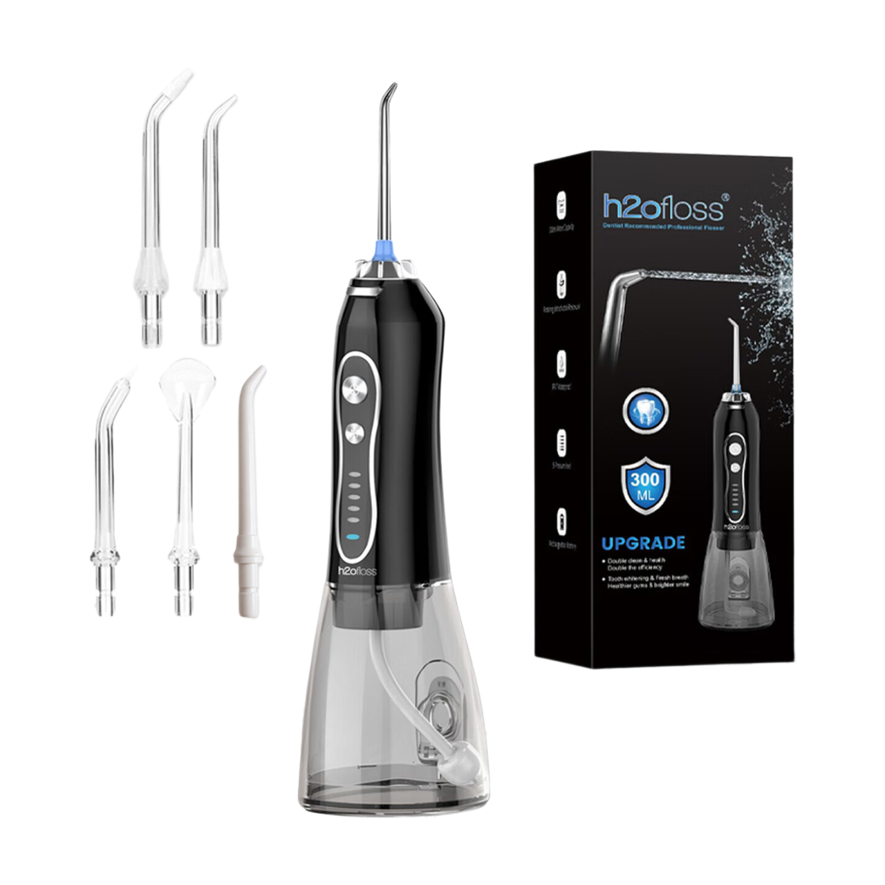 h2ofloss Hydropulseur dentaire portable, batterie 2500 mAh, 140 psi, 5 canules, étanche IPX7, 5 modes, rechargeable par USB - Noir