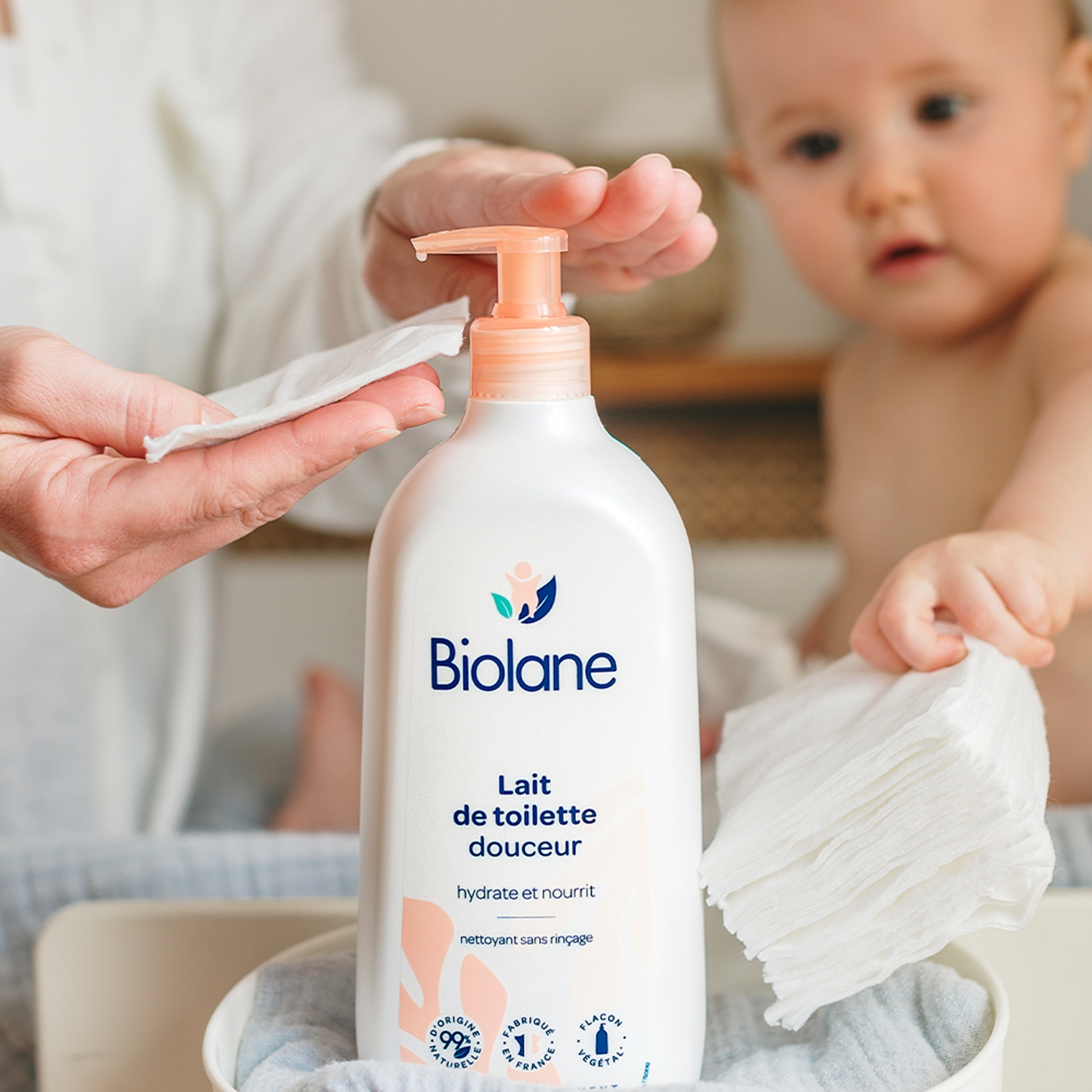 Biolane Disques de coton biologique pour le change et le nettoyage des bébés, peaux sensibles, 150 disques