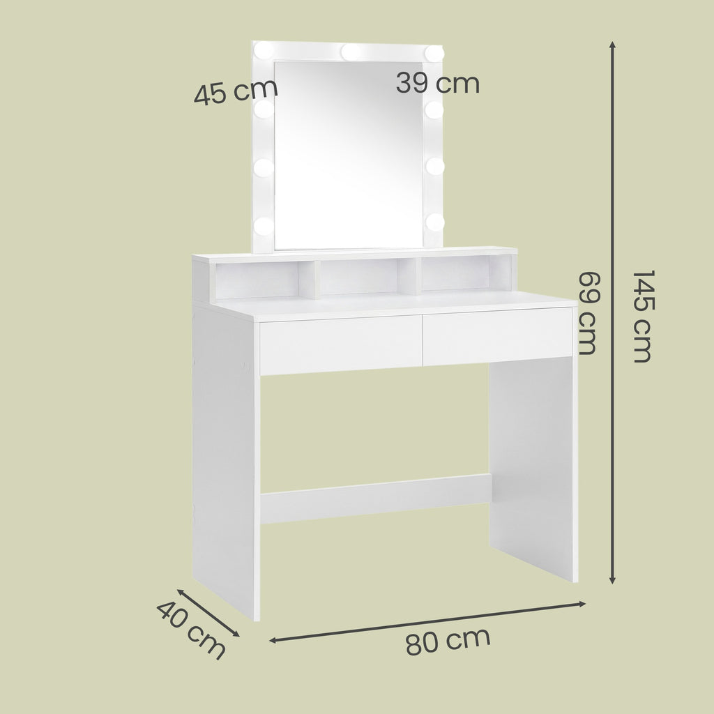 JOYFURNOS Coiffeuse avec Grand Miroir LED, 2 Tiroirs et 3 Compartiments, Coin Beauté, Style Moderne, Blanc