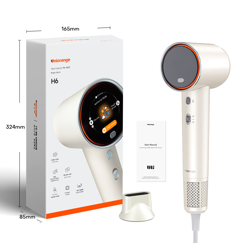 Uniorange H6 Sèche-cheveux à haute vitesse avec technologie plasma, écran LCD HD, 5 modes intelligents, 1600 W de puissance et 1 milliard d'ions plasma