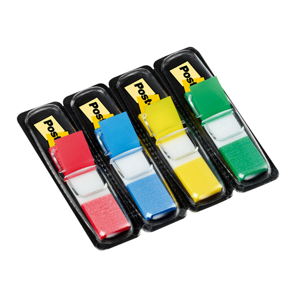 Post-it Marque-pages, petit format, jaune, rouge, bleu et vert, 11,9 mm x 43,2 mm, 35 marque-pages par distributeur, 4 distributeurs par paquet