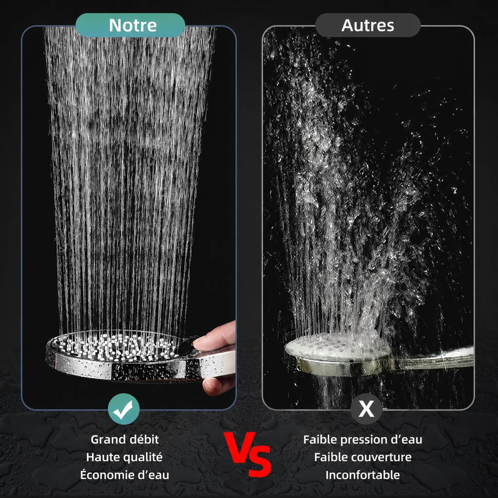 Pommeau de douche rafraîchissant d'été Cobbe avec flexible, grand modèle effet pluie à pression renforcée, 3 modes de jet, économie d'eau, finition noir/chrome