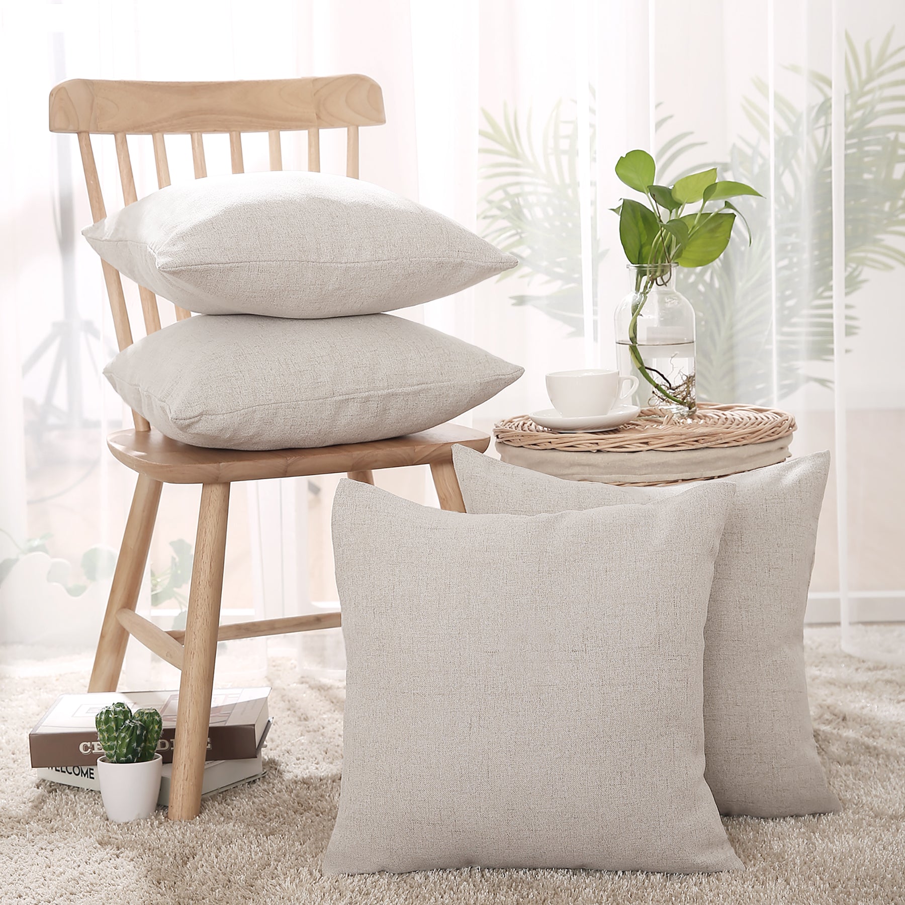 Deconovo Housse de coussin en lumière de lin, coloris crème, 45 x 45 cm, 1 pièce