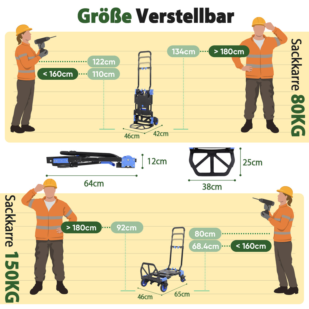 Sekey Diable pliable 2-en-1, Chariot de transport pliable en aluminium, Diable pliable et chariot plateforme, Charge maximale 150 kg