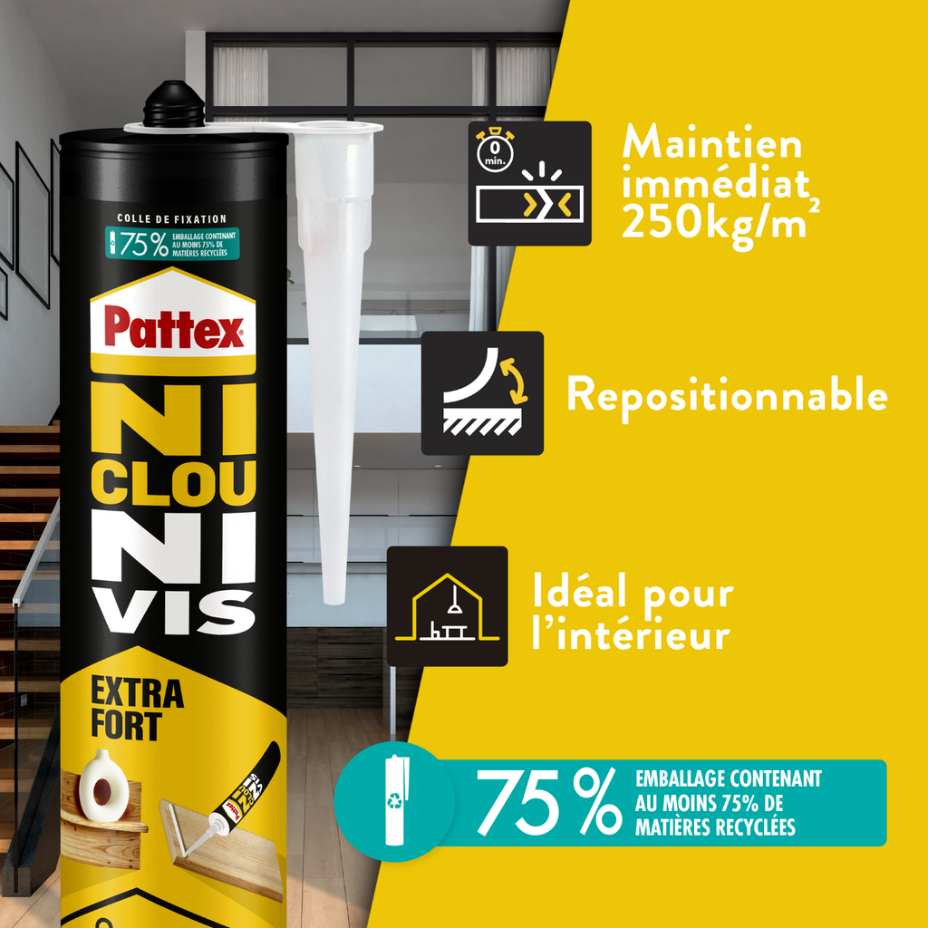 Pattex – Ni Clou Ni Vis Extra Fort (cartouche de 380 g) – Colle de fixation à maintien immédiat – Rapide pour usage intérieur surpuissante