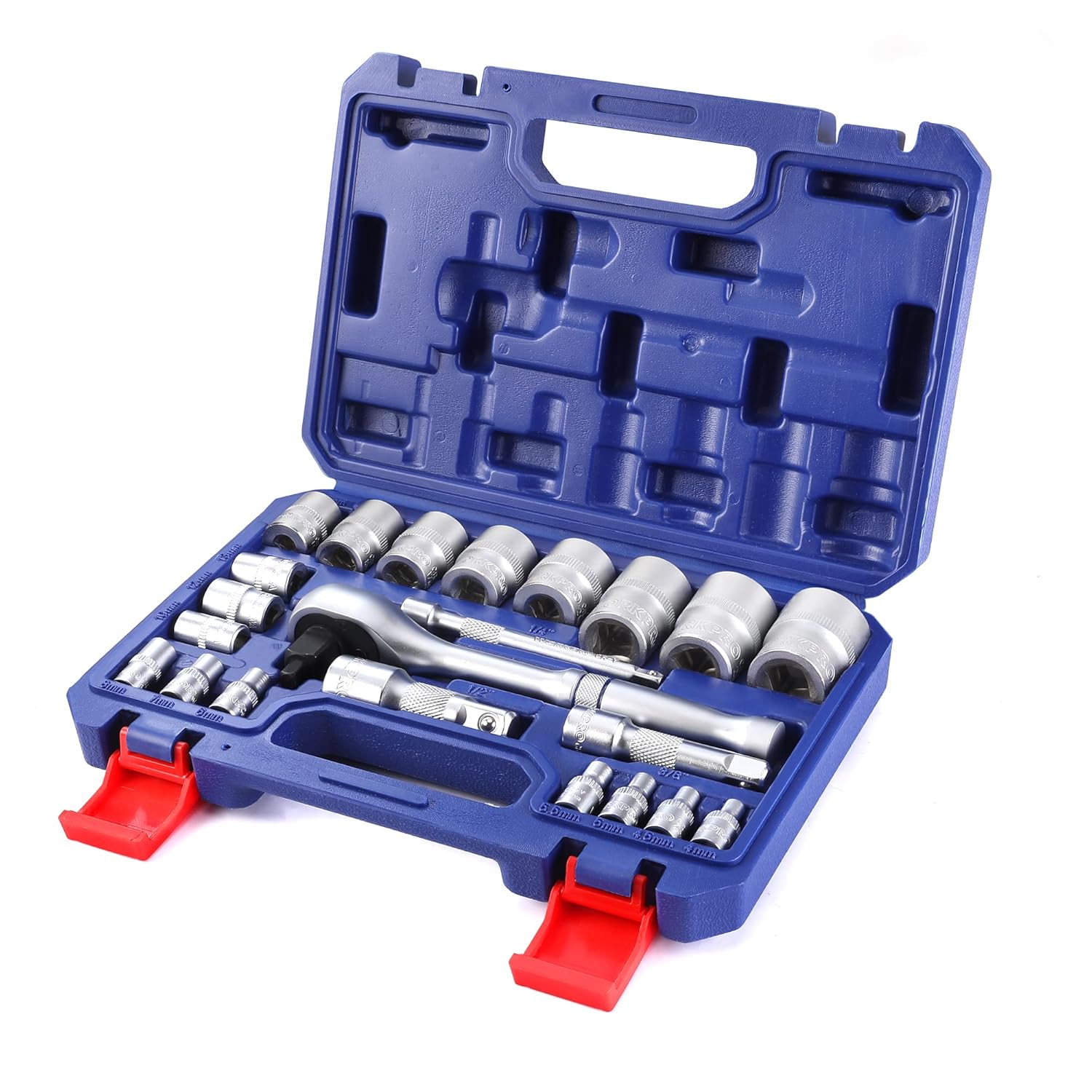 WORKPRO Jeu de 22 clés à douille avec manche à cliquet, clé à cliquet 1/4, 3/8, 1/2 pouce, jeu de clés à douille métrique Cr-V avec barres d'extension