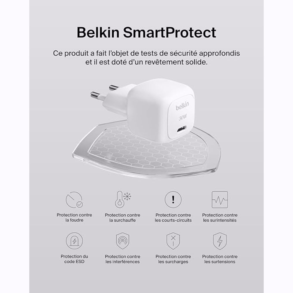 Belkin BoostCharge Chargeur secteur 30 W avec câble USB-C vers Lightning - Blanc