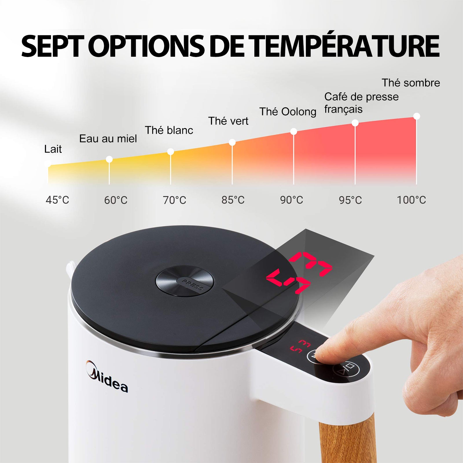 Midea Bouilloire électrique en acier inoxydable - 1,5 L - 2200 W - Ébullition rapide - Contrôle de la température - Maintien au chaud de 45 à 100 °C - Affichage LED - Double paroi - Sans BPA - Blanc