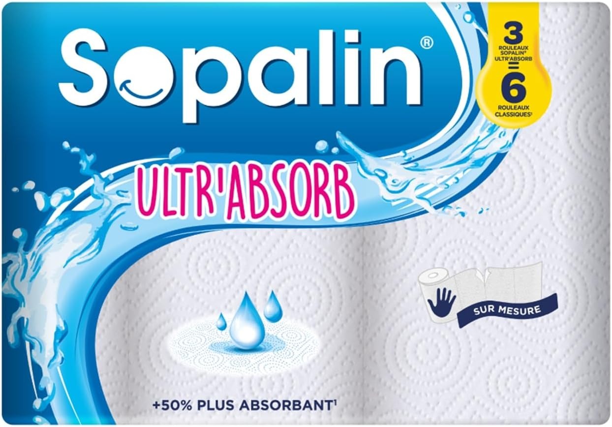 SOPALIN Essuie-Tout Demi-Feuille Certifié FSC, 3 Maxi Rouleaux