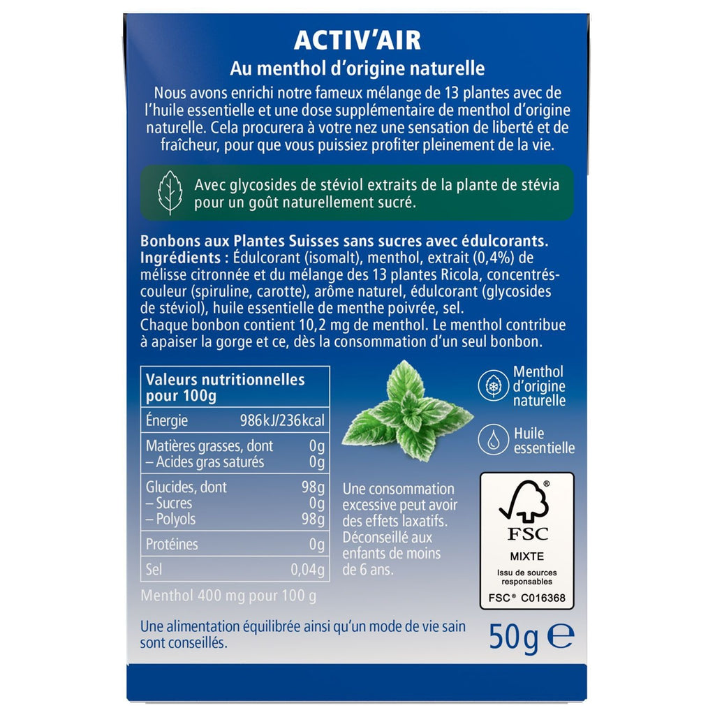 Ricola Activit’Air Pastilles pour la Gorge aux Plantes Menthol Intense sans Sucre 50 g