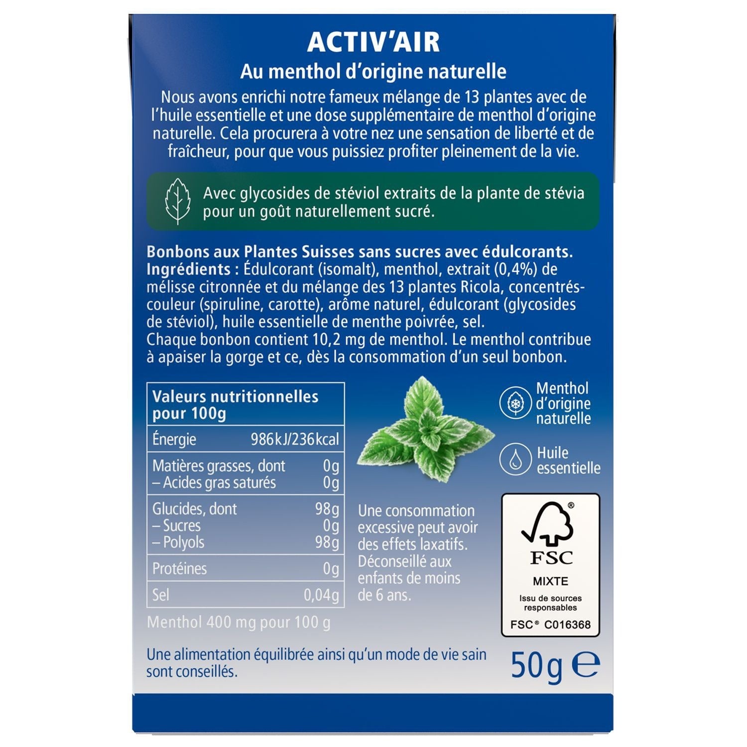 Ricola Activit’Air Pastilles pour la Gorge aux Plantes Menthol Intense sans Sucre 50 g