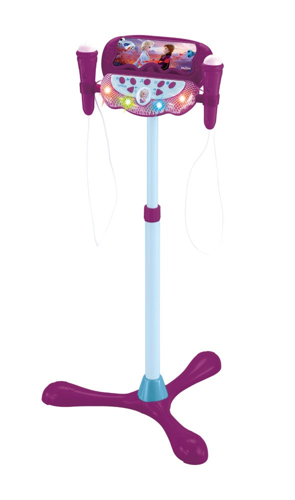 Lexibook Microphone La Reine des Neiges sur pied ajustable lumineux avec enceinte, 2 Micros et Effets vocaux, Enceinte Bluetooth