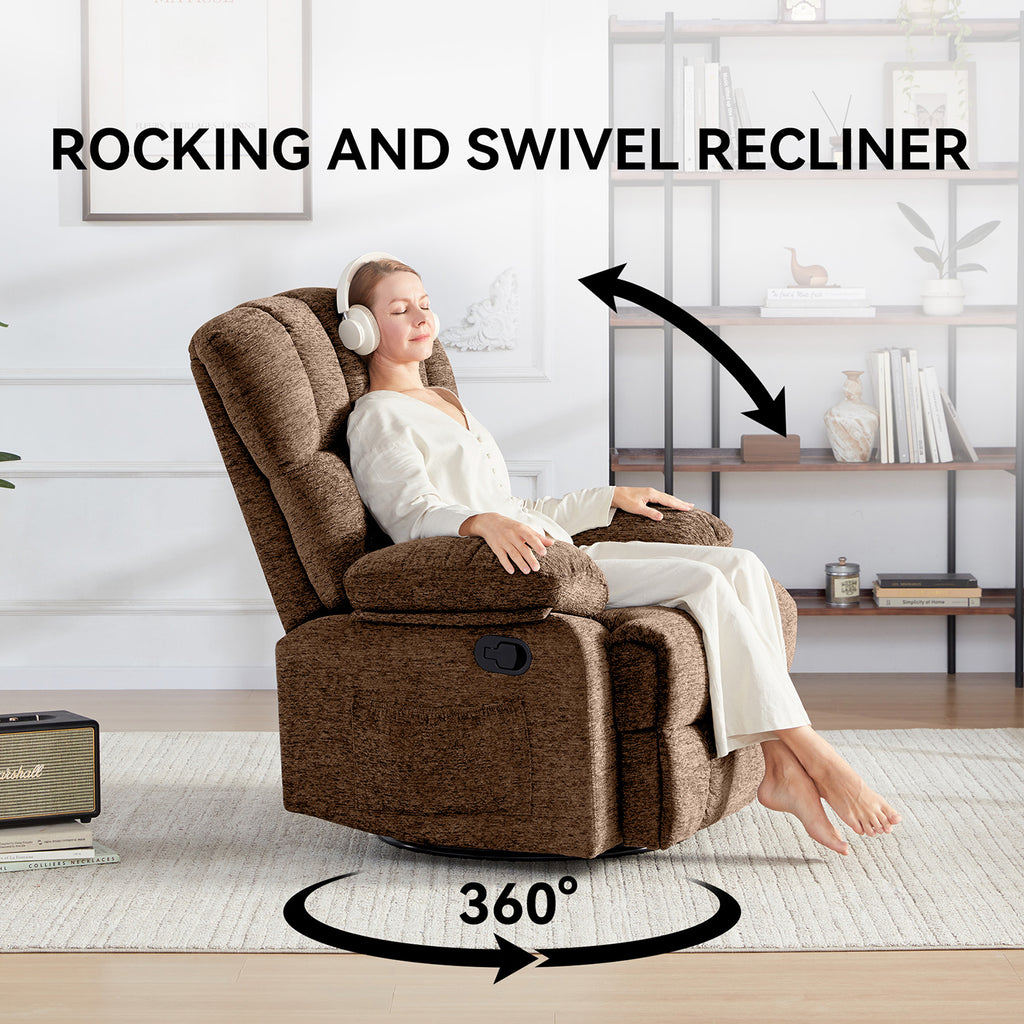HONEYOU Fauteuil relax pivotant surdimensionné avec cadre OKIN, fauteuil à bascule coulissant 360°, fauteuil relax manuel très rembourré pour salon et chambre, Marron