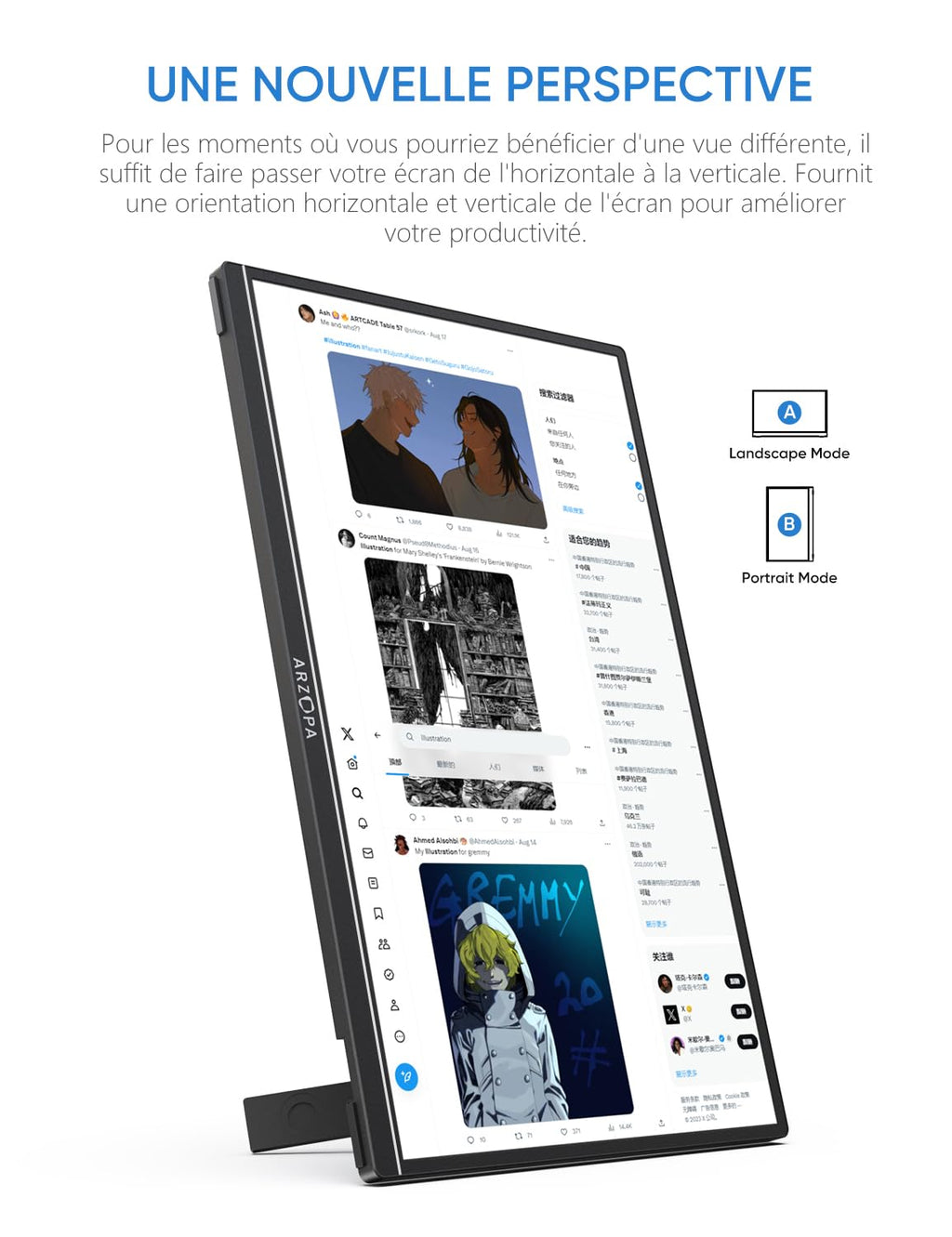 ARZOPA Z1RC Moniteur portable 2,5K, 16 pouces 2560 x 1600 HDR 500 nits 8 bits QHD USB-C HDMI, écran externe de protection des yeux 16:10 IPS, second écran pour Mac, PC, téléphone, PS4/5, Xbox, Switch