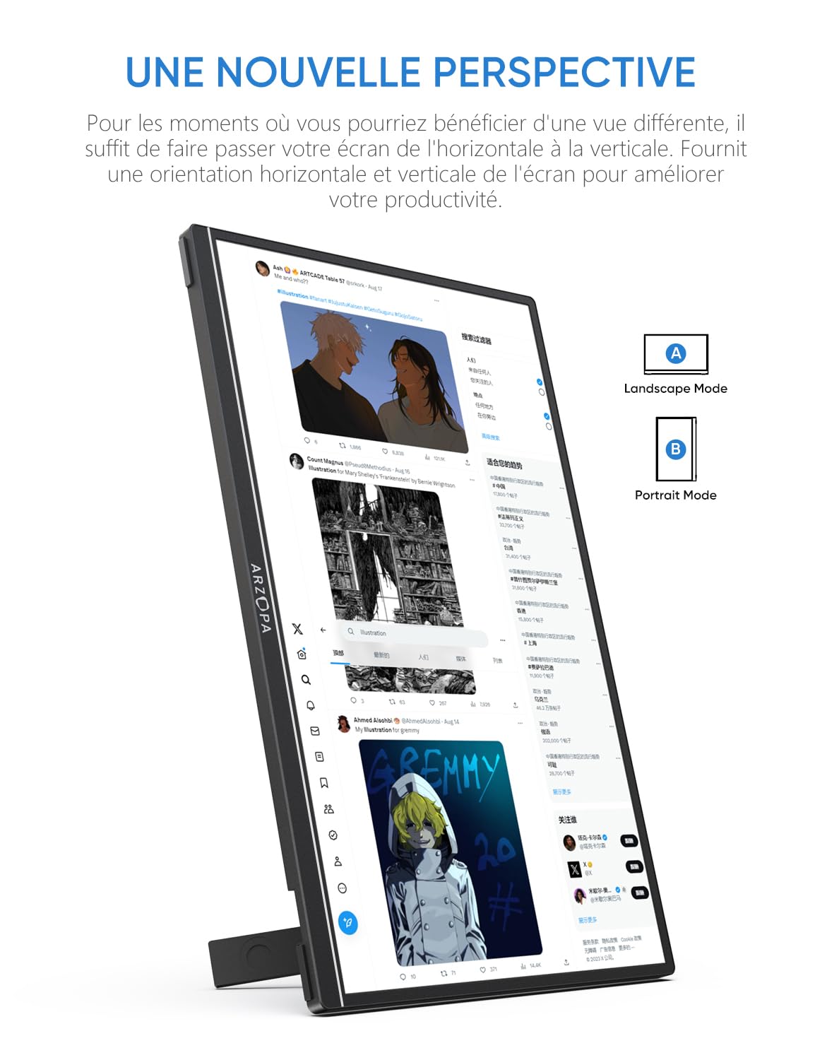 ARZOPA Z1RC Moniteur portable 2,5K, 16 pouces 2560 x 1600 HDR 500 nits 8 bits QHD USB-C HDMI, écran externe de protection des yeux 16:10 IPS, second écran pour Mac, PC, téléphone, PS4/5, Xbox, Switch