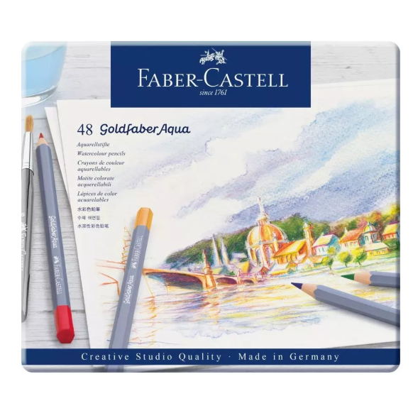Faber-Castell Boîte en métal de 48 crayons de couleur aquarellables