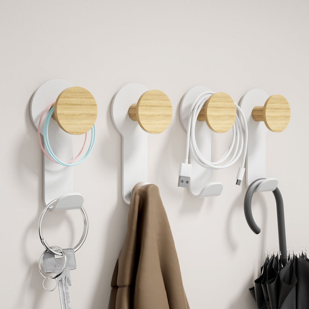 KAPANOU Lot de 8 porte-manteaux muraux en bois avec support métallique robuste - Blanc