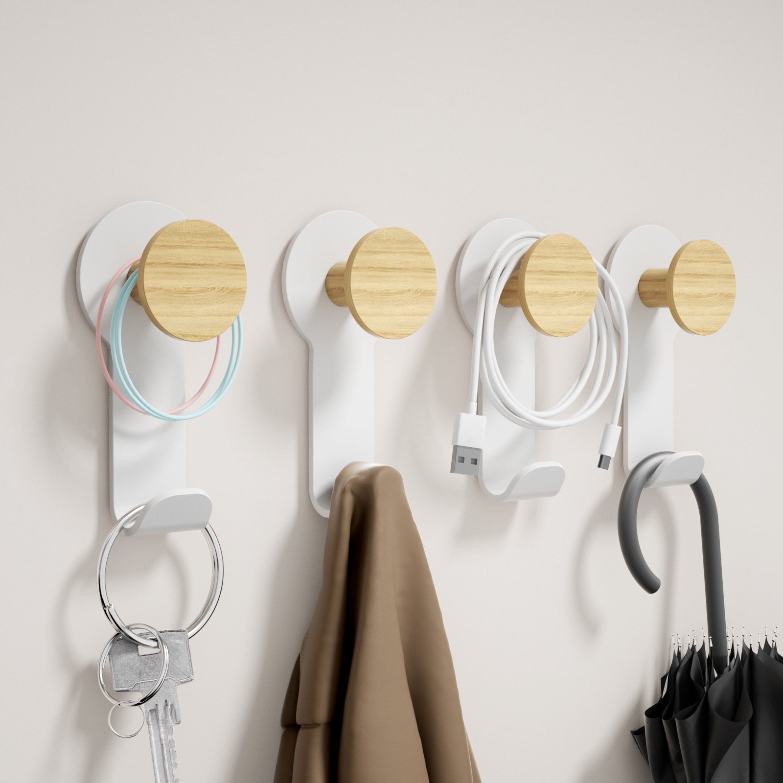 KAPANOU Lot de 8 porte-manteaux muraux en bois avec support métallique robuste - Blanc