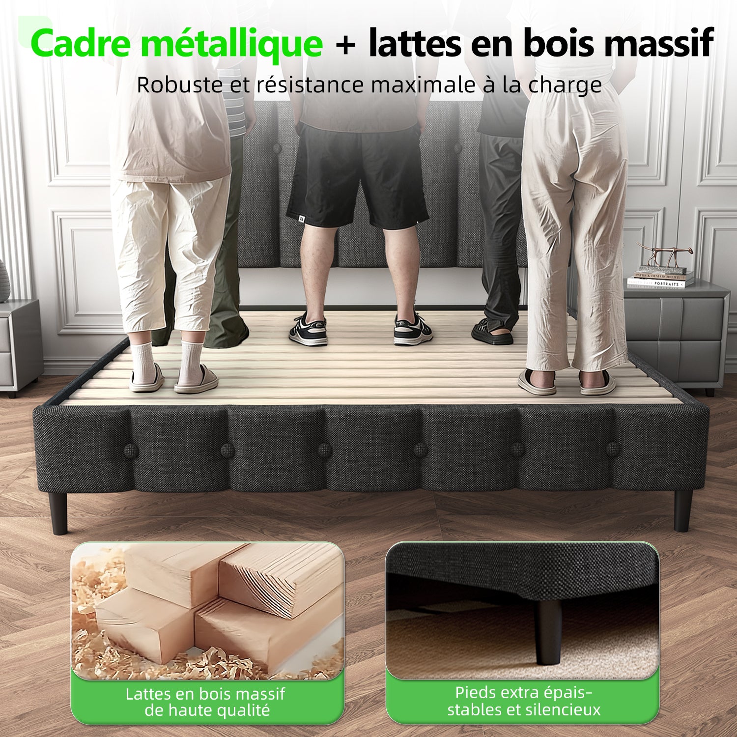 GTIMEX Lit capitonné 212,5 x 145 x 110 cm avec sommier à lattes, Capacité de charge statique : 390 kg, Lit double avec tête de lit rembourrée, Montage facile, Cadre robuste et tissu en lin de haute qualité, Gris foncé