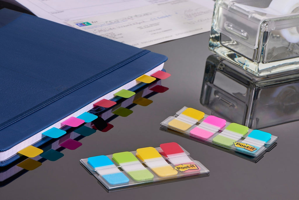 Post-It Onglets d’indexation résistants pour classeur, petit format, bleu, violet, rose et jaune, 15,8 mm x 38,1 mm, 40 onglets/ distributeur, 1 distributeur/boîte