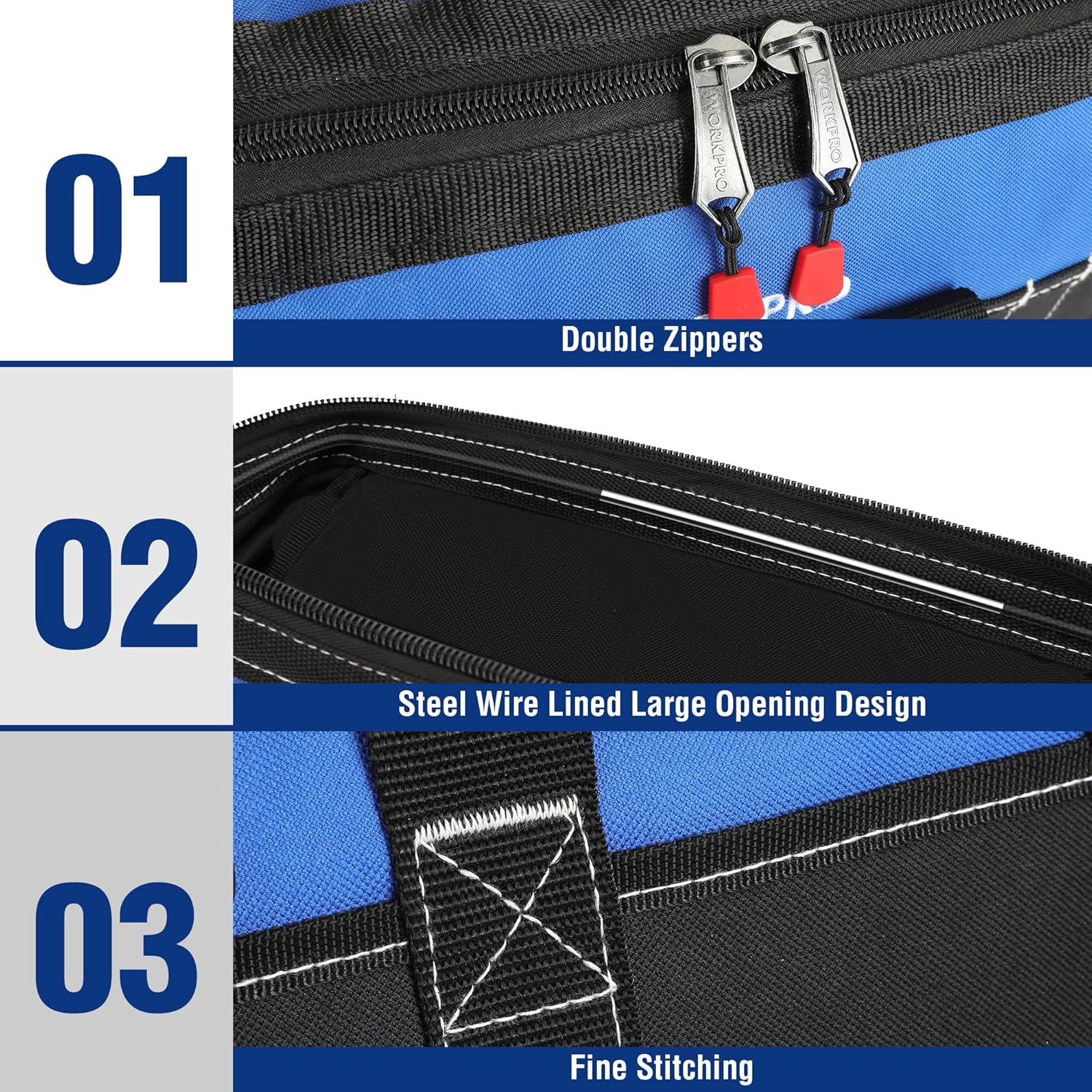 WORKPRO Sac à Outils 16 Pouces, Sac à Outils Robuste Multi-Poches avec Base Rigide en Plastique Imperméable, Sac à Outils Électromécanicien Robuste à Ouverture Large avec Bandoulière Réglable