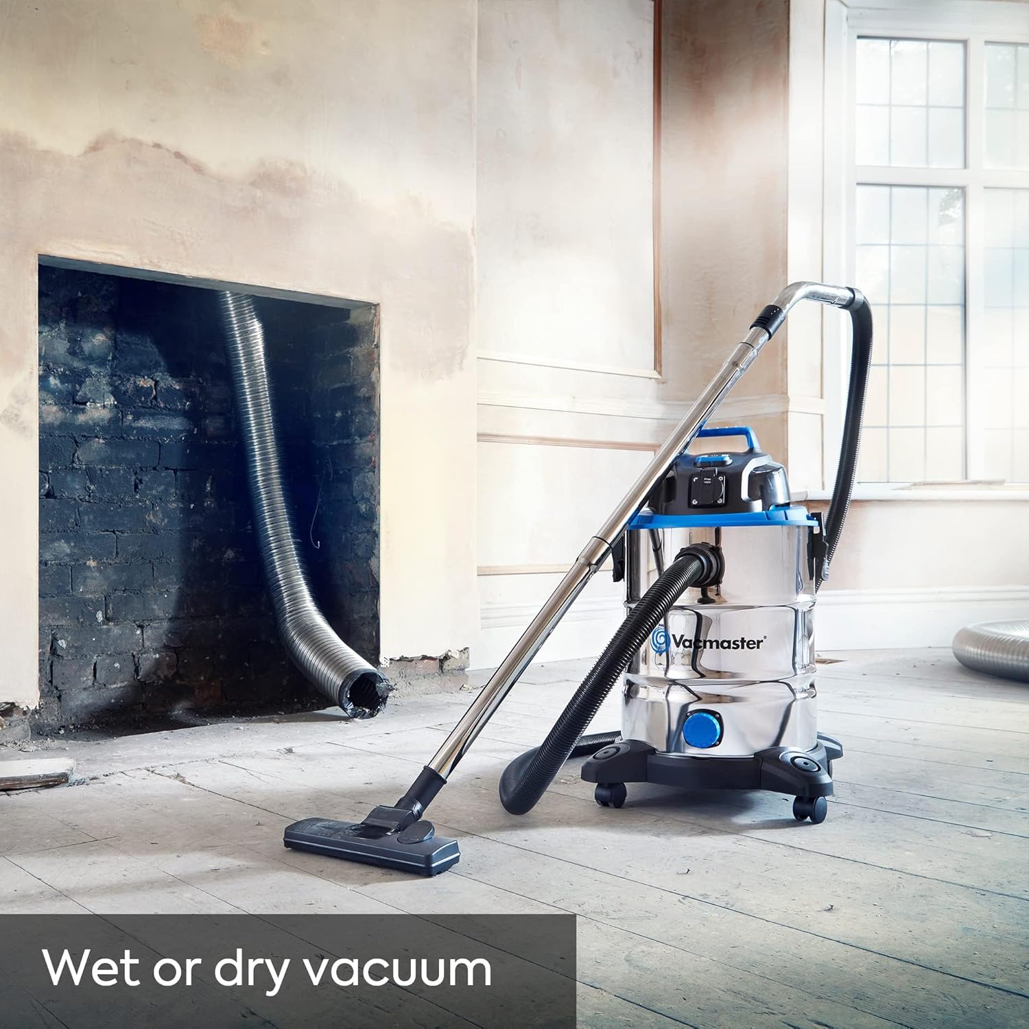 Vacmaster VQ1530SFDC 1500W 30L Aspirateur Eau et Poussière 3-en-1 avec Souffleur, Inox, Prise Intégrée pour Outils Électriques, avec ou sans Sac