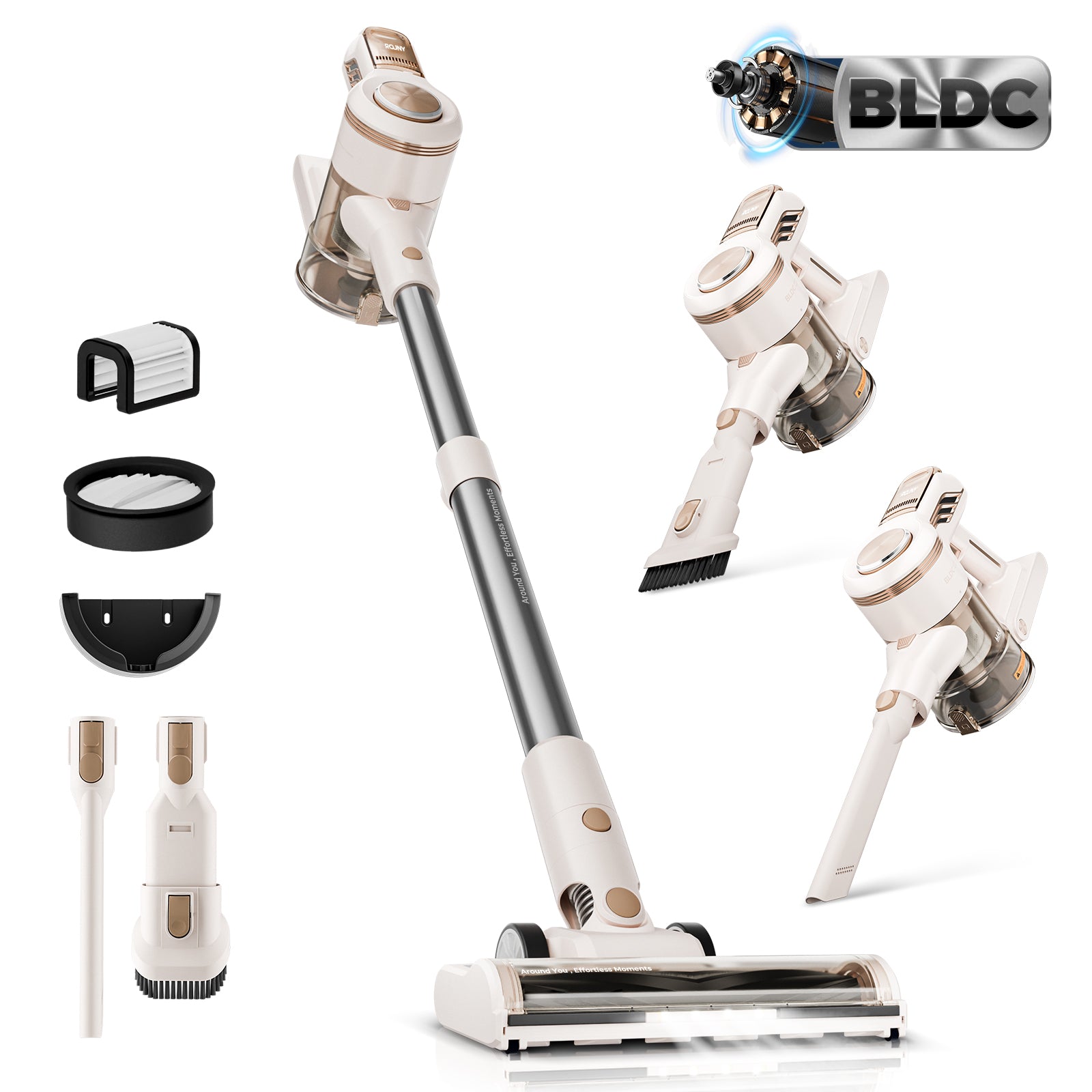 Rouny aspirateur balai sans fil, aspiration puissante 45 kPa, moteur sans balais, affichage LED, contrôle à 2 vitesses, batterie amovible pour le nettoyage de la maison et des poils d'animaux, V14