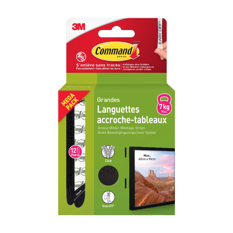 Lot de languettes de fixation amovibles pour tableau - Lot de 12 paires - Rayon QI Noir Grand format