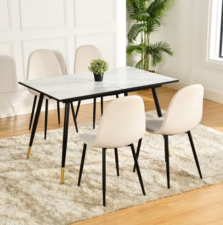 Table à Manger Extensible Urban Meuble en Motif Marbre Blanc 120-160x80x75cm