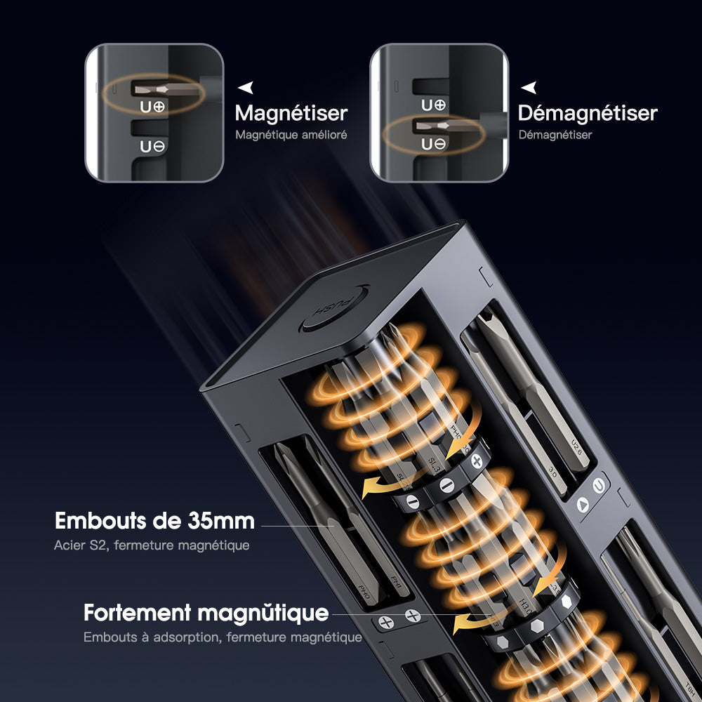 EasyWox 57-en-1 Kit de tournevis électrique avec batterie Lithium 500 mAh, 52 embouts, charge rapide en 90 minutes, couple 0.1-0.35N.M, utilisation continue de 1 heure et boîte de rangement magnétique