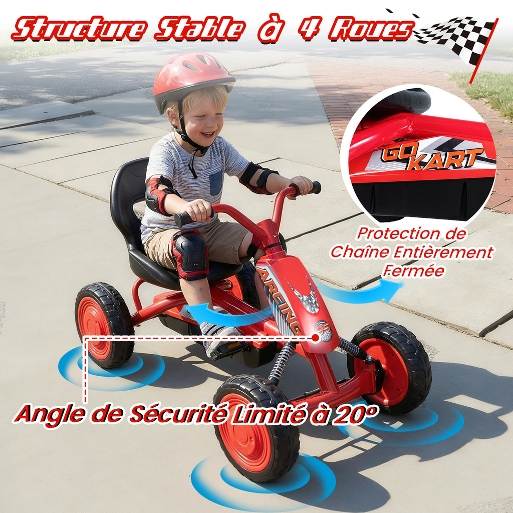 Costway Kart à pédales pour enfants, Siège réglable à 2 positions, 4 roues robustes, Capacité de charge 30 kg, Convient aux 3-8 ans, Rouge